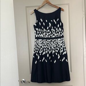 LOFT Black and White Leaf Print Midi Dress
